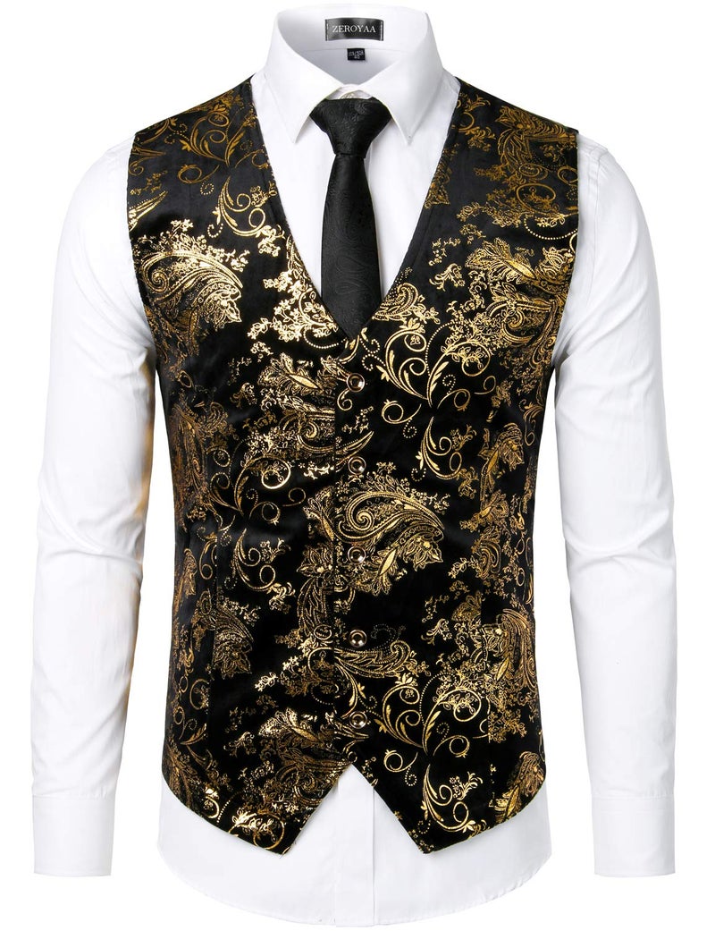 ZEROYAA Mens Hipster Gold Paisley Single Breasted Suit Dress Vest/Tuxedo Waistcoat Z49 Gold XX Large - Image 1